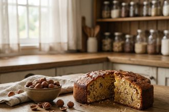 Gâteau aux noisettes rustique tranché sur une table en bois avec des noisettes fraîches éparpillées autour
