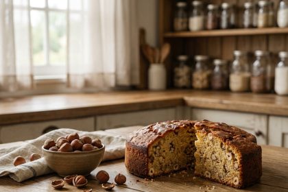 Gâteau aux noisettes rustique tranché sur une table en bois avec des noisettes fraîches éparpillées autour