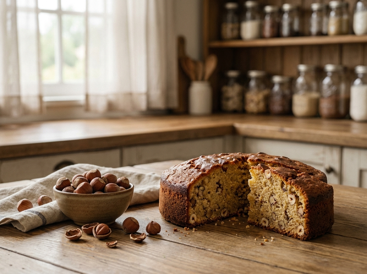 Gâteau aux noisettes rustique tranché sur une table en bois avec des noisettes fraîches éparpillées autour
