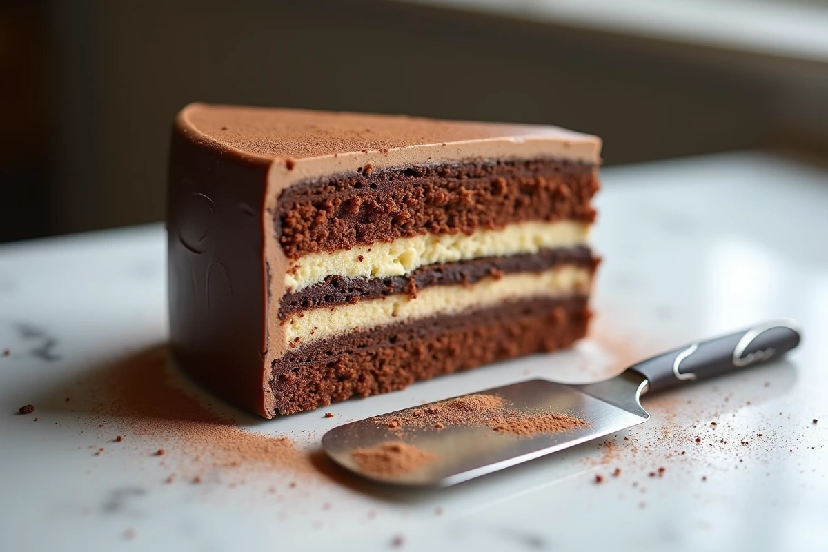 Gâteau opéra coupé en tranches révélant les couches de crème au beurre café et ganache chocolat sur un comptoir en marbre blanc