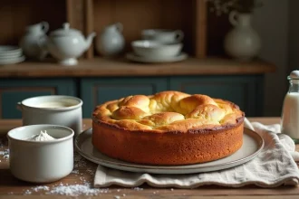Gâteau au yaourt moelleux de grand-mère posé sur une table en bois rustique avec un pot de yaourt et du sucre glace