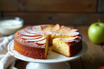 Gâteau au yaourt aux pommes façon Cyril Lignac sur un présentoir en céramique blanche, tranché pour révéler un cœur moelleux doré
