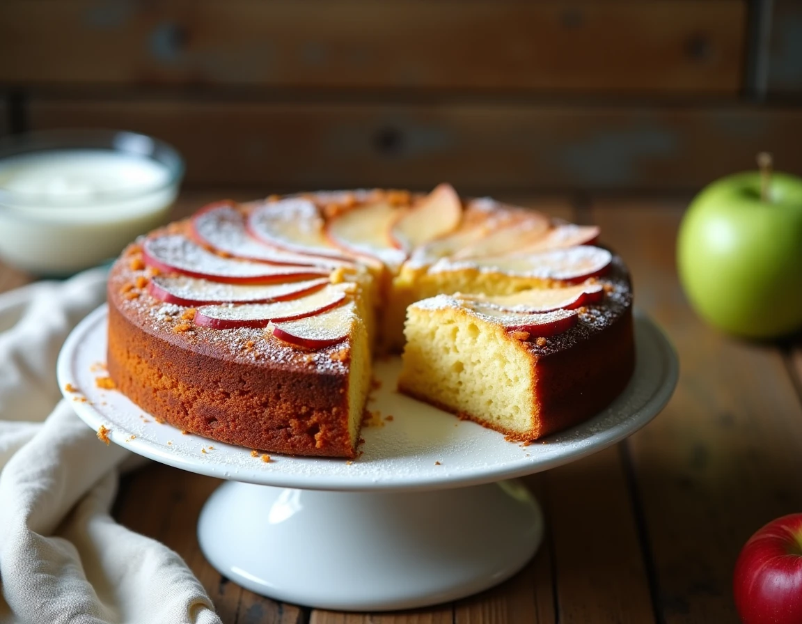 Gâteau au yaourt aux pommes façon Cyril Lignac sur un présentoir en céramique blanche, tranché pour révéler un cœur moelleux doré