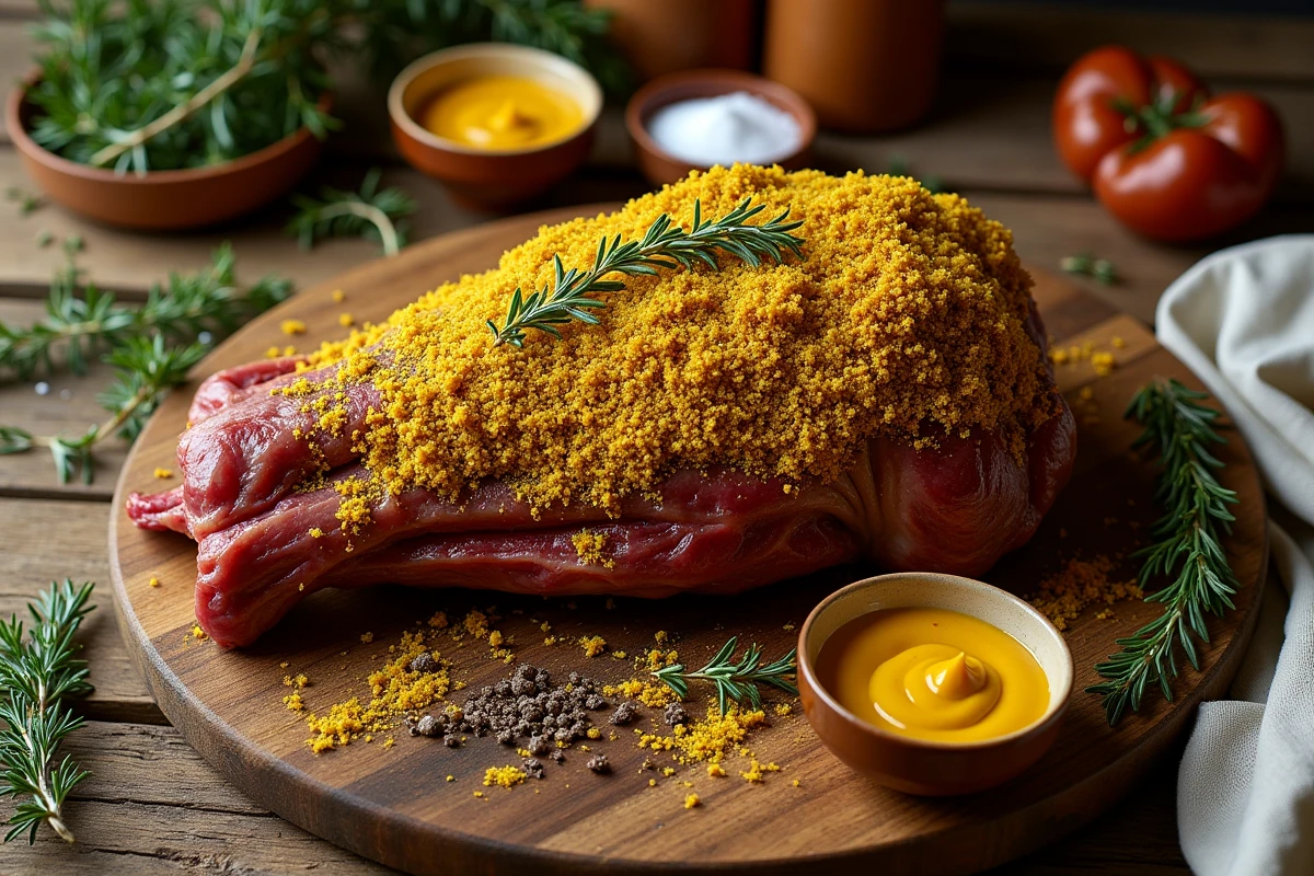 Gigot de chevreuil cru enduit de moutarde ancienne et thym frais sur table en bois rustique, prêt à rôtir