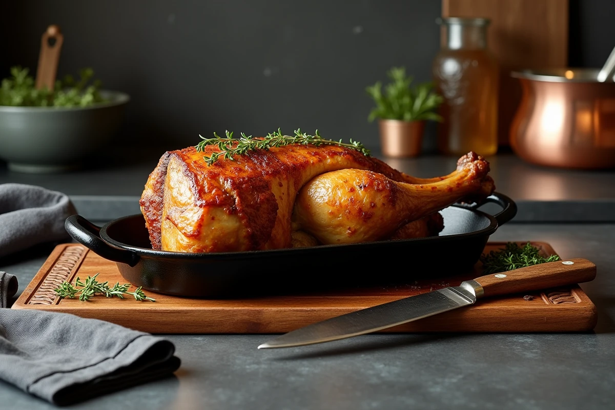 Gigot de chevreuil rôti à la moutarde ancienne et thym dans une cocotte en fonte, croûte dorée et caramélisée