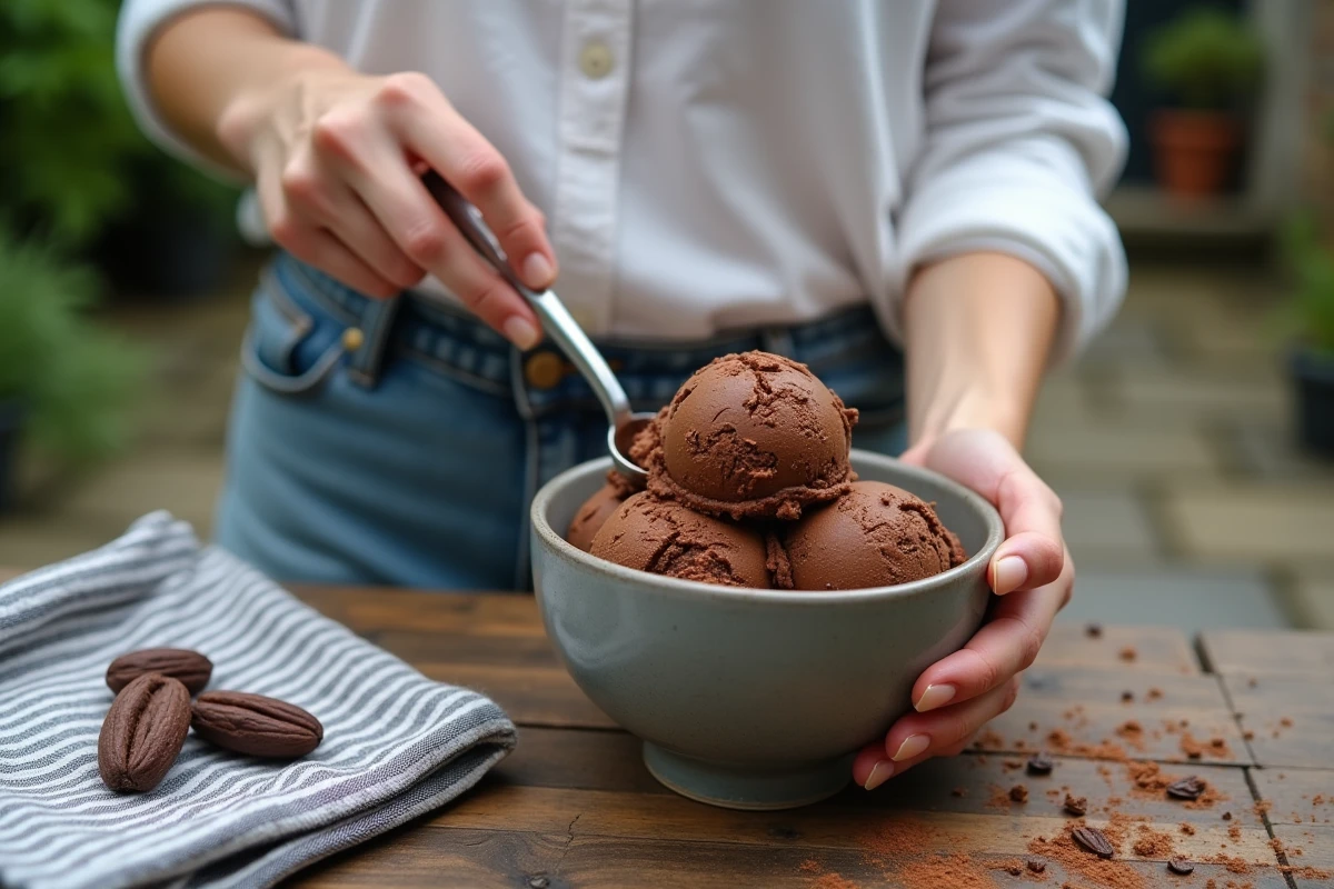 Jeune femme servant une boule de glace au chocolat maison dans un bol en c&eacute;ramique sur une terrasse rustique