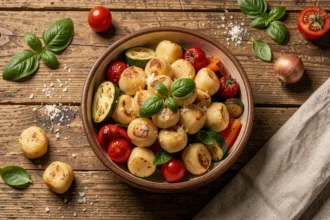 Bol de gnocchi dorés à la poêle avec légumes de saison rôtis, tomates cerises et basilic frais sur table en bois rustique