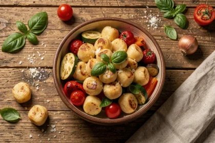 Bol de gnocchi dorés à la poêle avec légumes de saison rôtis, tomates cerises et basilic frais sur table en bois rustique