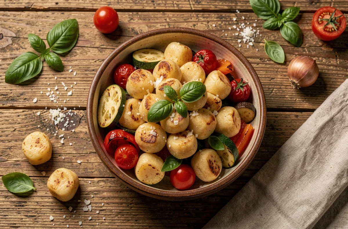 Bol de gnocchi dorés à la poêle avec légumes de saison rôtis, tomates cerises et basilic frais sur table en bois rustique