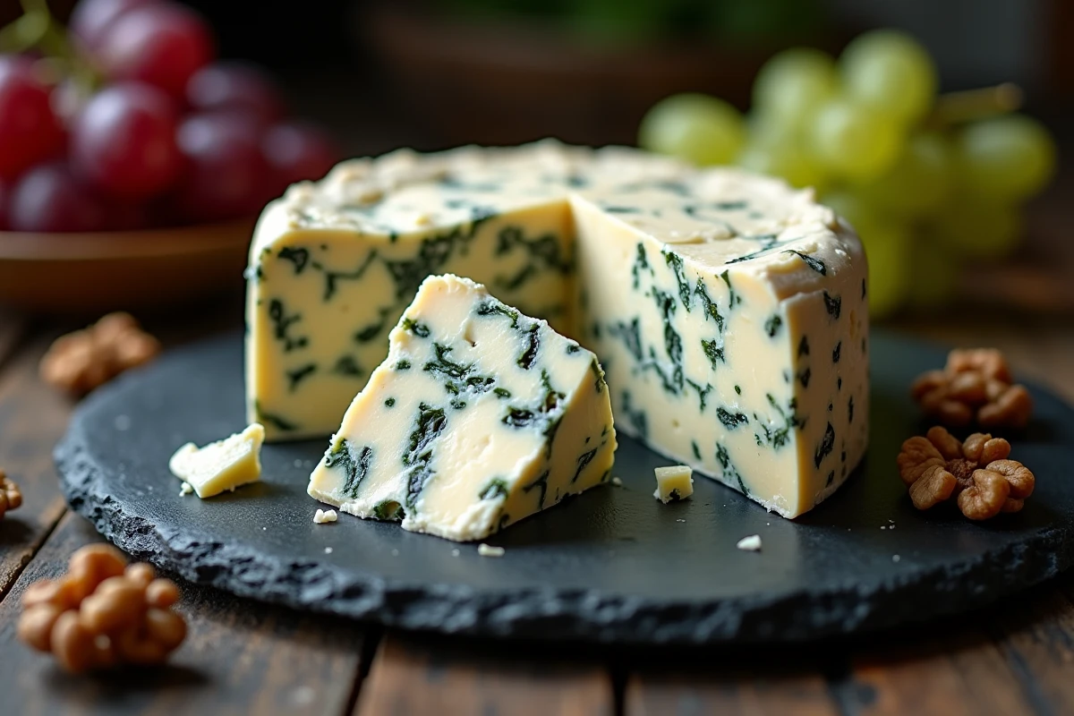 Morceau de gorgonzola aux veines bleu-vert caractéristiques sur une ardoise noire avec des noix