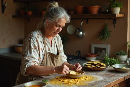 Grand-mère préparant des beignets d'aubergine traditionnels dans une cuisine familiale rustique