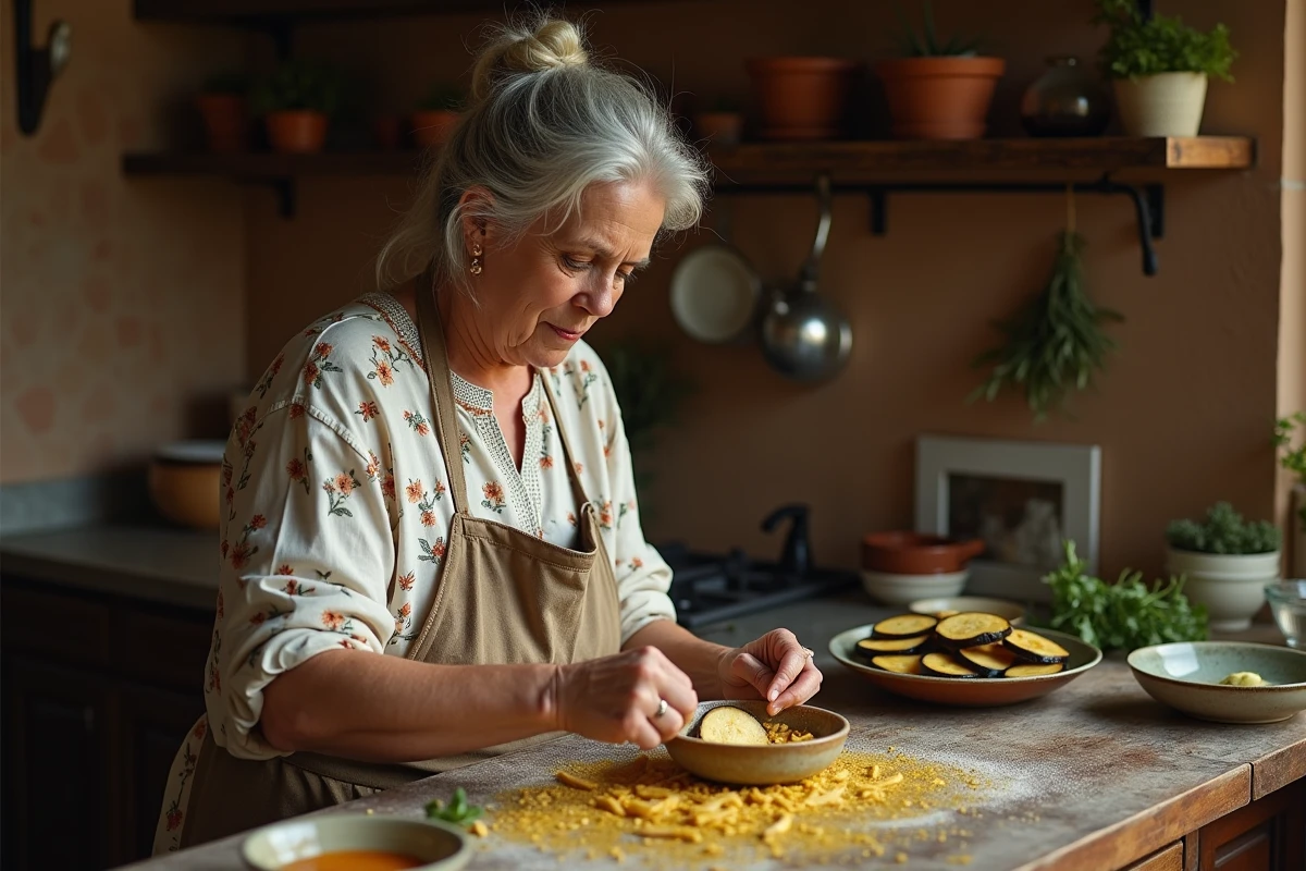 Grand-mère préparant des beignets d'aubergine traditionnels dans une cuisine familiale rustique