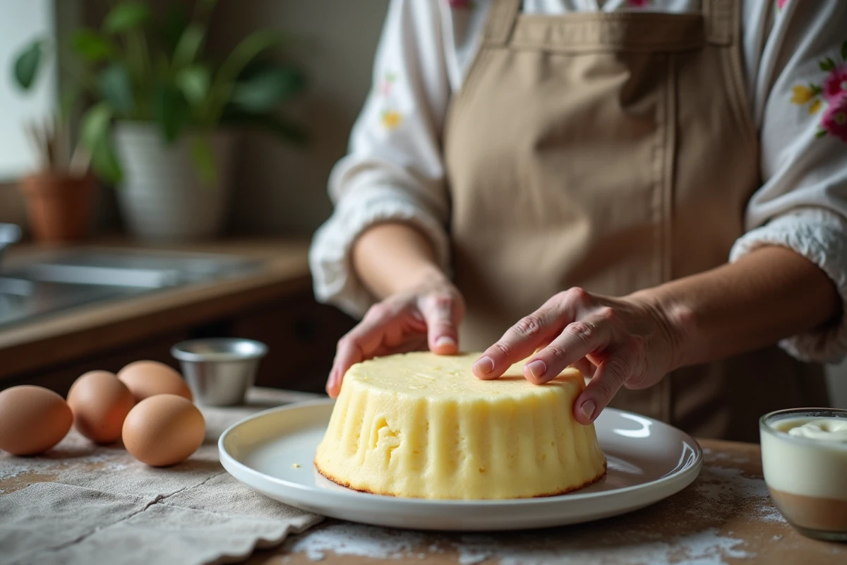 Grand-mère préparant un gâteau au yaourt fait maison dans une cuisine traditionnelle avec des ingrédients posés sur le plan de travail