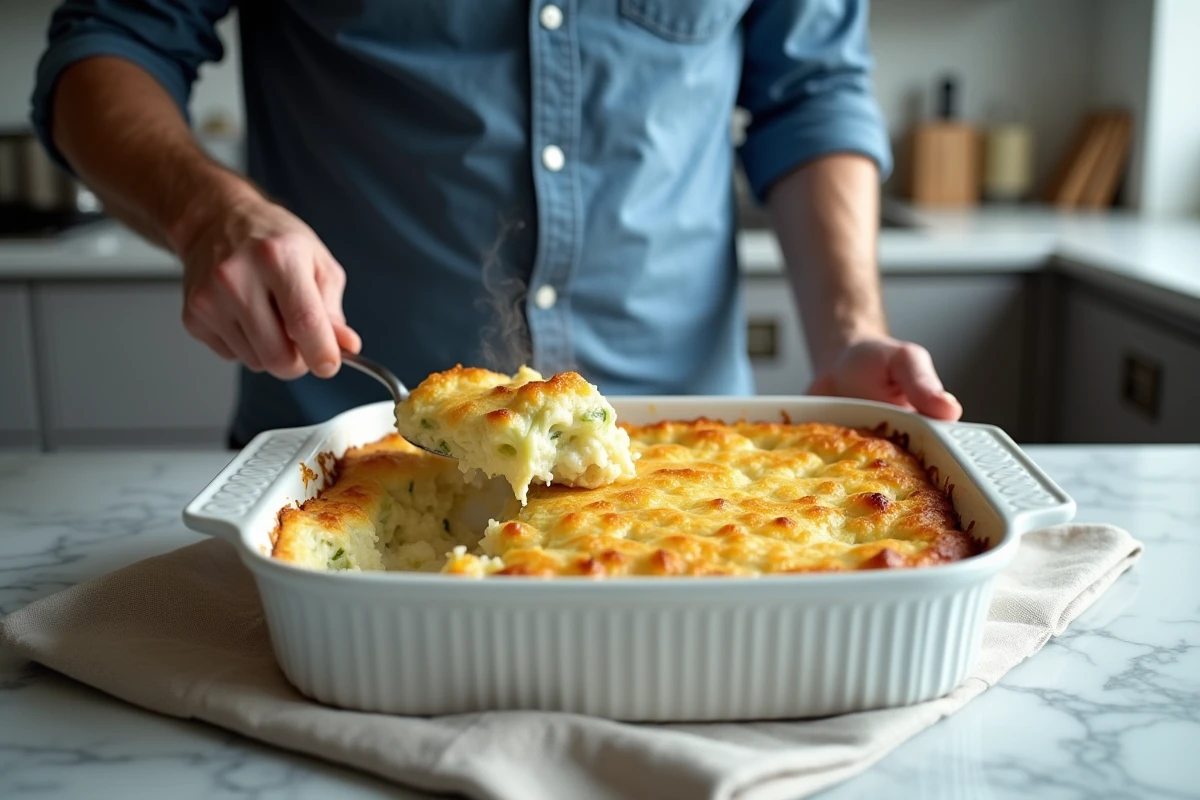 Gratin de poireaux doré dans un plat en céramique sur le plan de travail