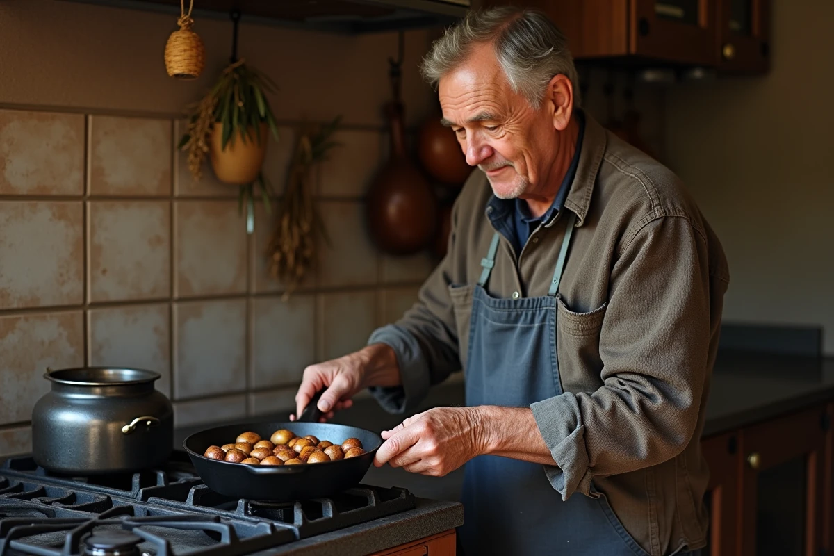 Homme faisant griller des châtaignes incisées dans une poêle en fonte sur une cuisinière rustique