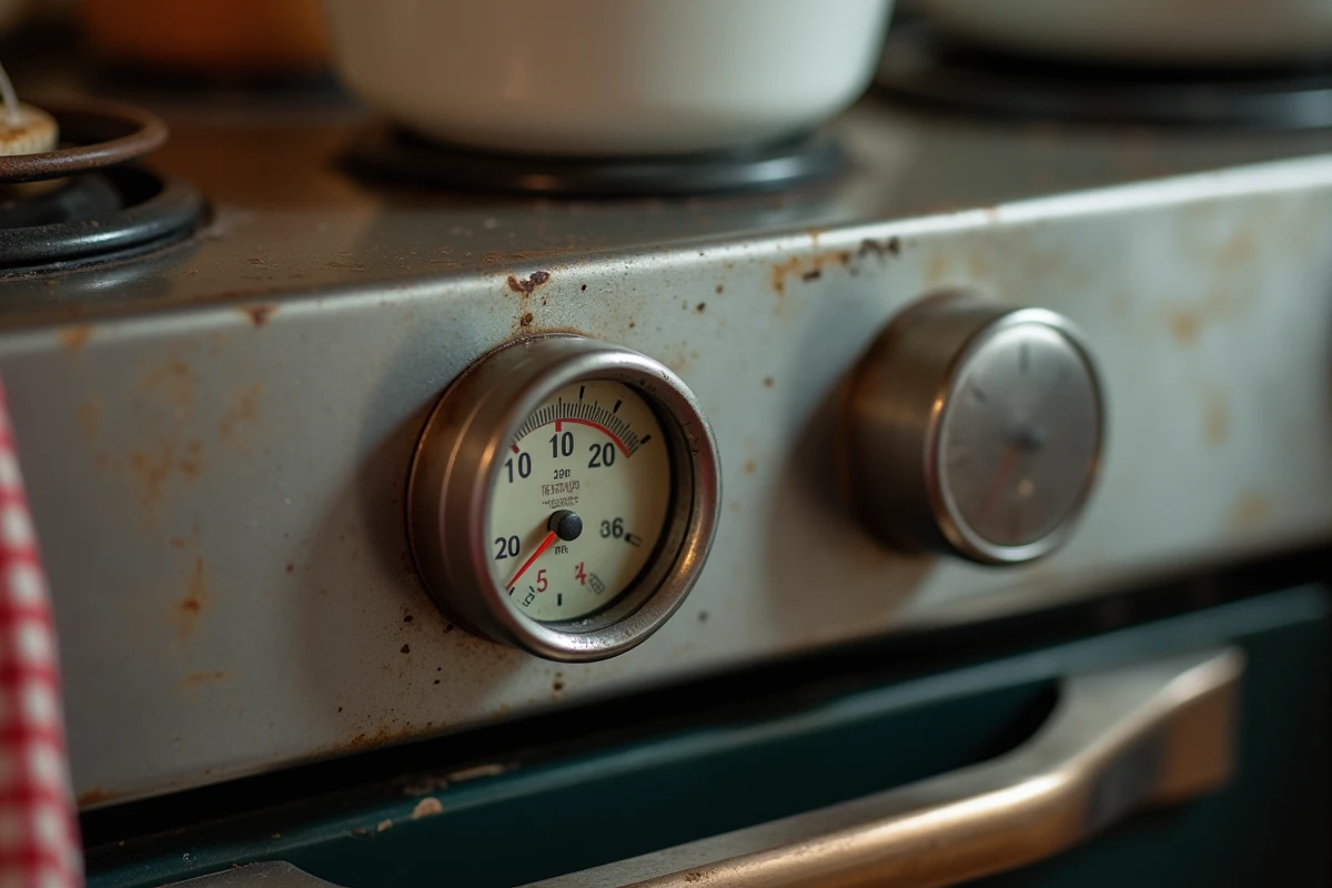 Gros plan sur le cadran de thermostat d'un four réglé à 200 degrés Celsius avec une atmosphère de cuisine authentique