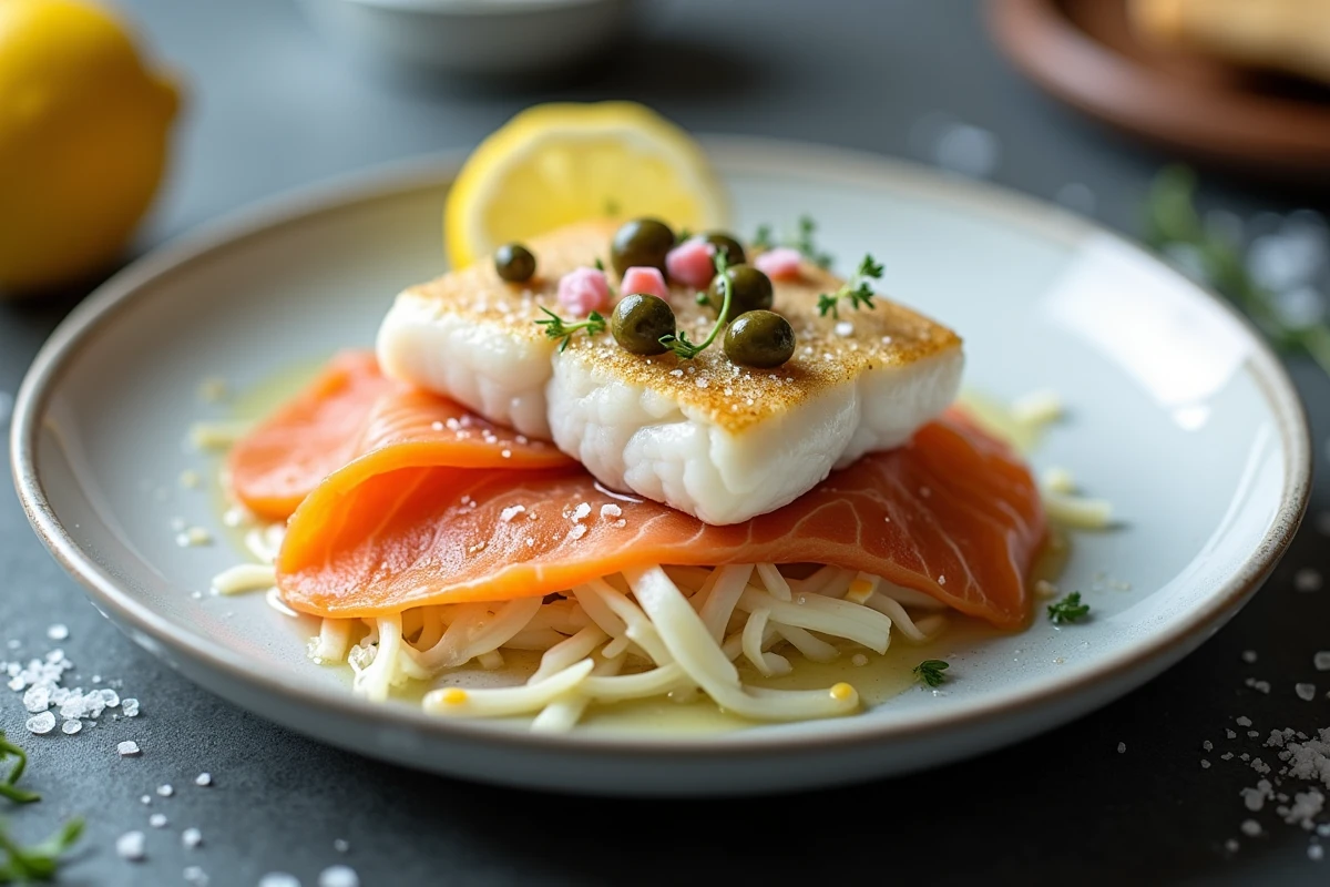 Gros plan d'une assiette de choucroute aux poissons avec cabillaud, saumon fum&eacute;, c&acirc;pres et citron sur plan de travail ardoise