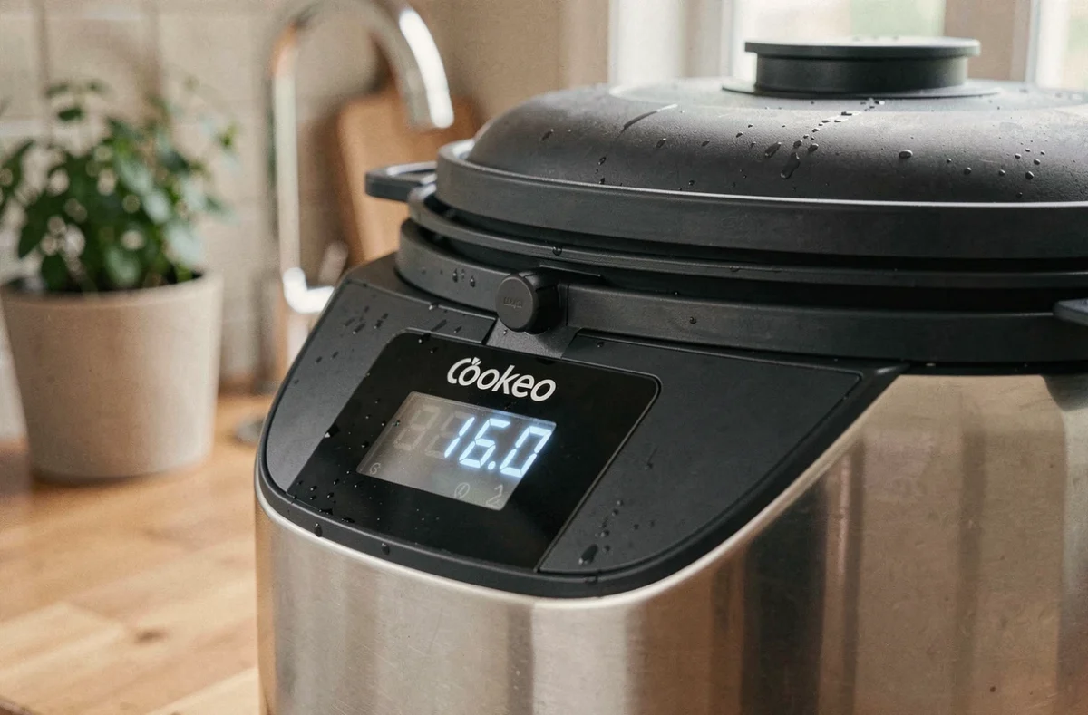 Gros plan sur le panneau de contrôle numérique d'un Cookeo affichant un code d'erreur en fin de cuisson