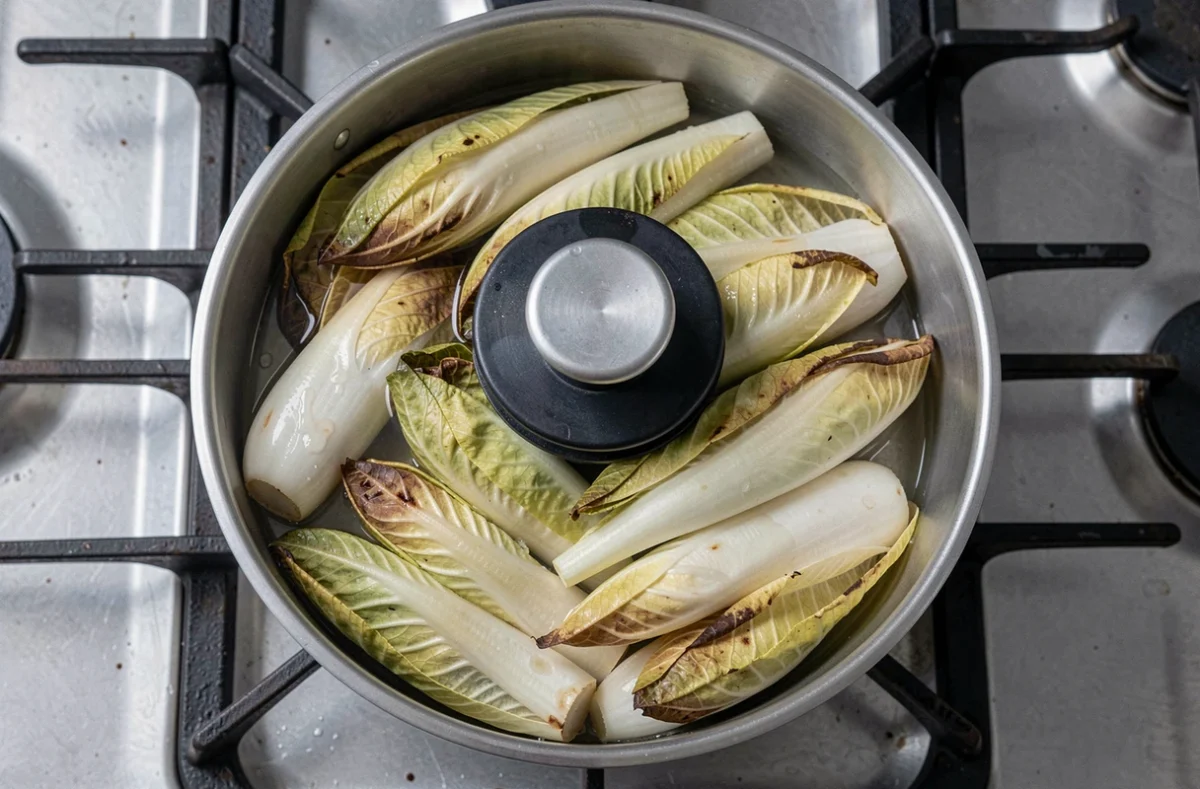 Gros plan sur une cocotte minute fermée avec des endives prêtes à cuire sur une gazinière