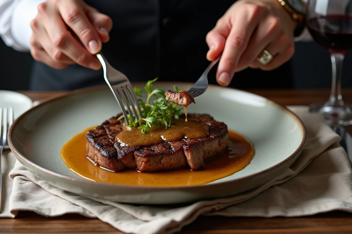 Gros plan d un steak avec sauce échalote sur une assiette appétissante