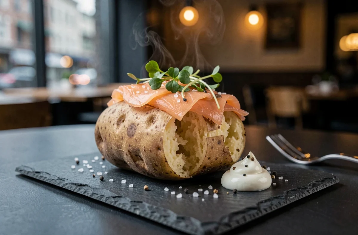 Gros plan d'une pomme de terre au four croustillante avec saumon fumé et microgreens sur une ardoise noire