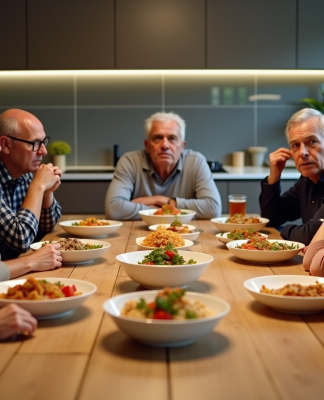 Groupe divers d'adultes surpris par des plats internationaux