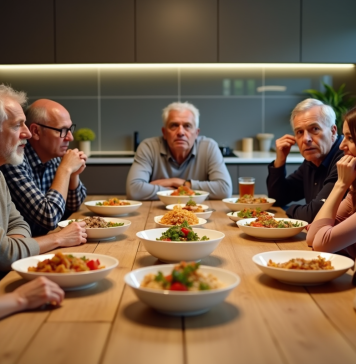 Groupe divers d'adultes surpris par des plats internationaux