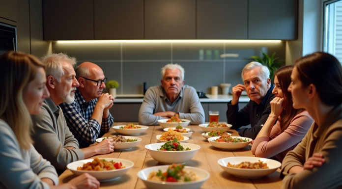 Groupe divers d'adultes surpris par des plats internationaux