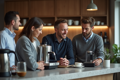 Trois experts du café discutant autour de machines espresso modernes