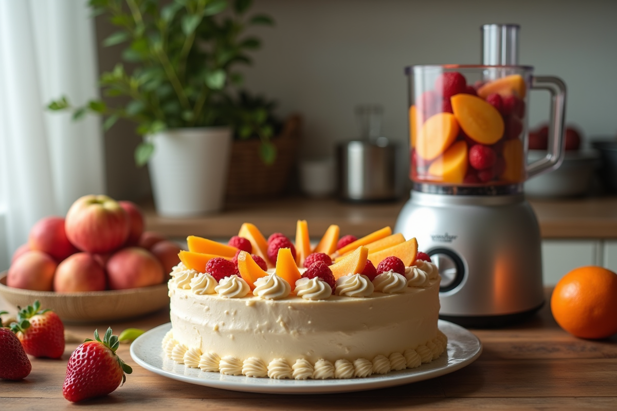 Gâteau maison décoré avec fruits dans une cuisine chaleureuse