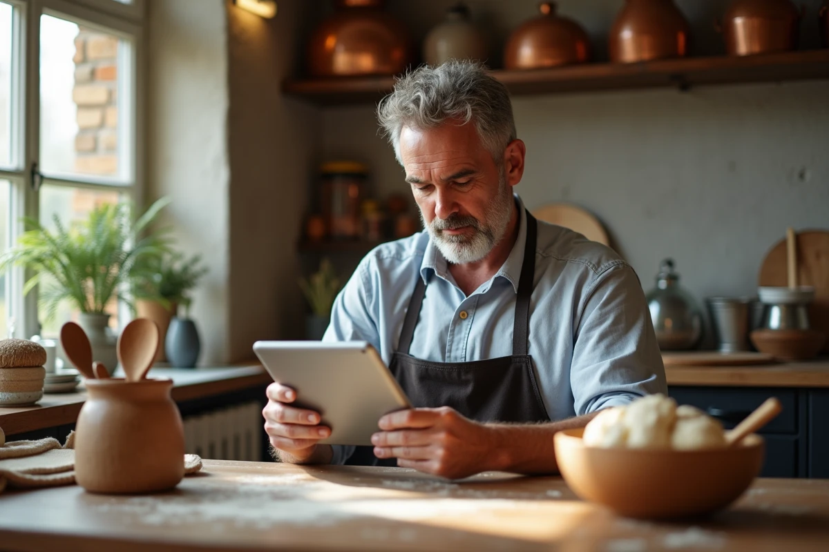 Homme pr&eacute;parant une recette sur une tablette dans la cuisine