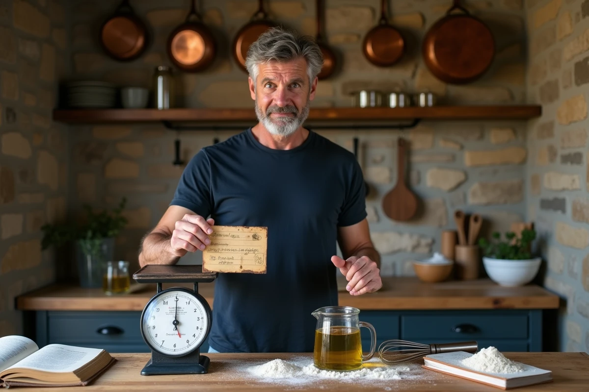 Homme consultant une fiche recette en comparant une balance analogique et un verre doseur d'huile d'olive dans une cuisine rustique en pierre