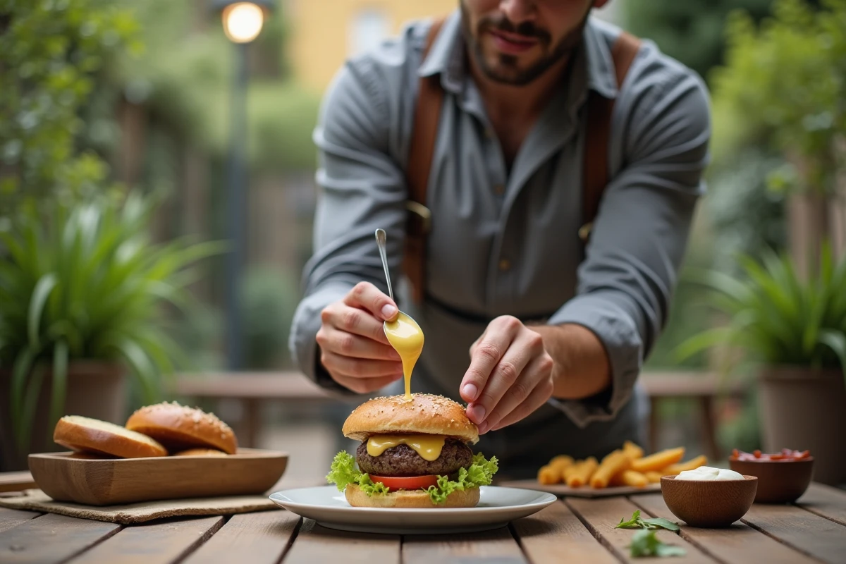 Homme préparant mayonnaise sur burger en extérieur