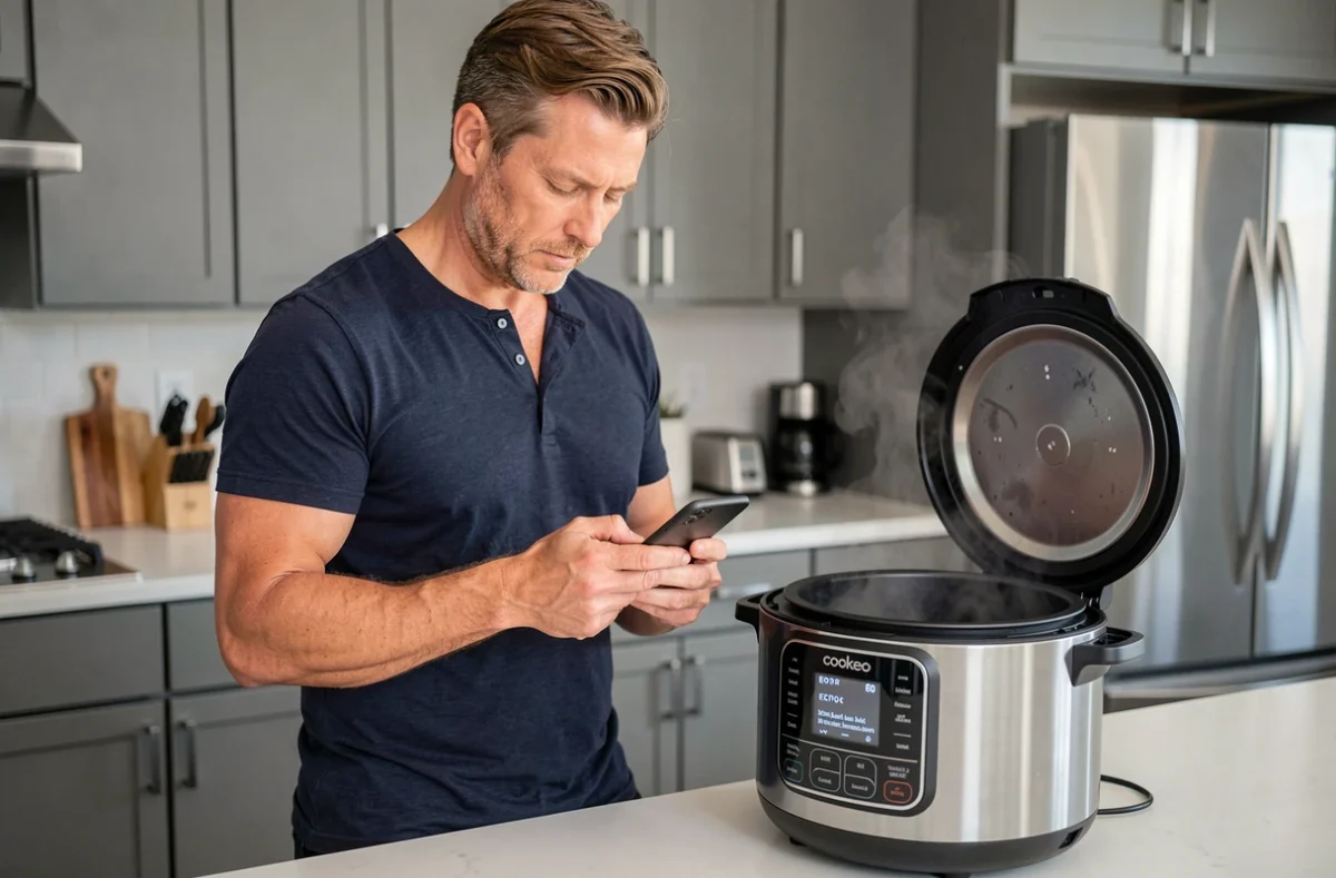 Homme consultant son téléphone pour résoudre une erreur affichée sur son Cookeo ouvert en fin de cuisson