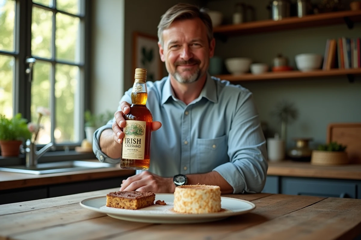 Homme tenant une bouteille d Irish cream avec desserts maison