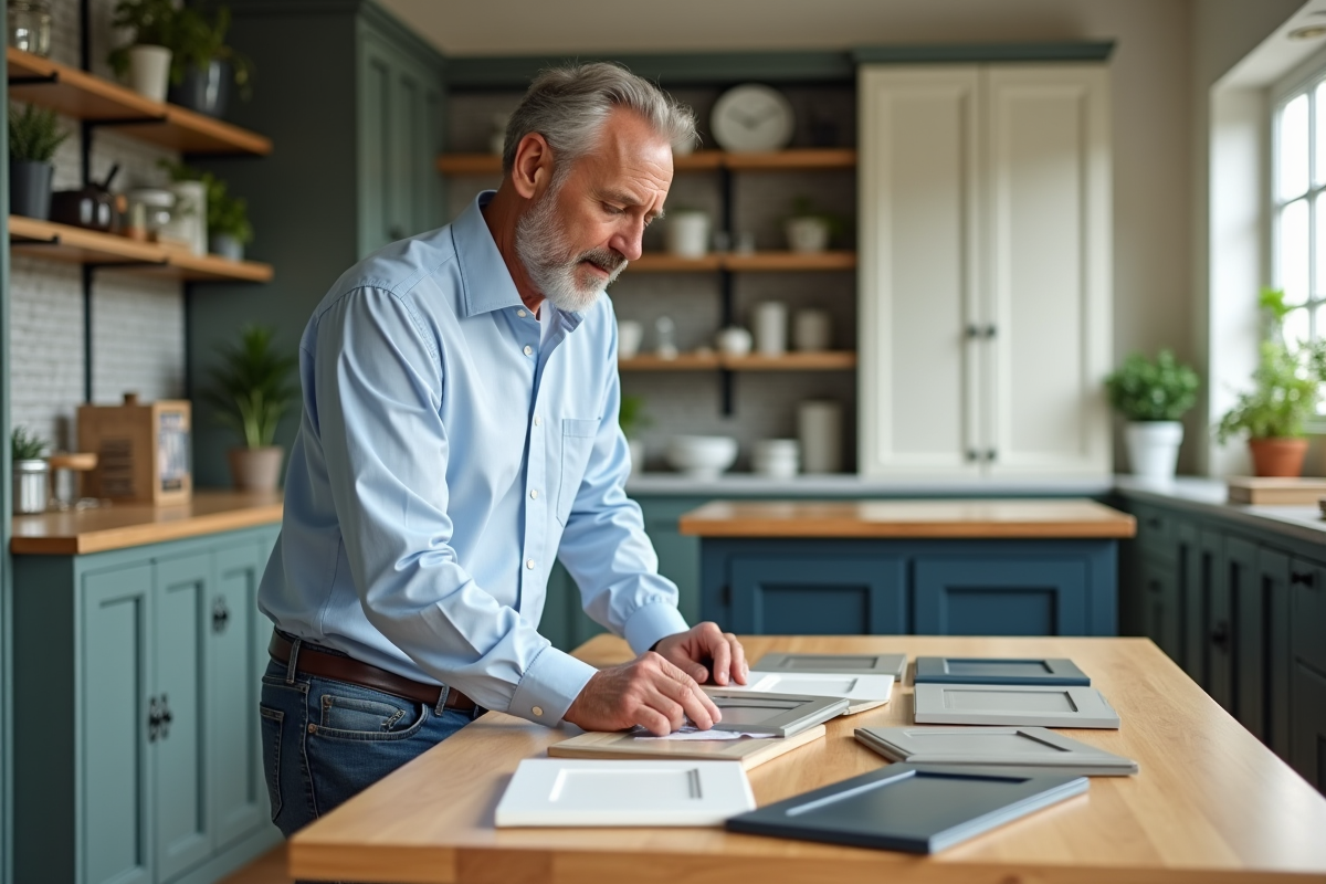 Homme examinant des échantillons de portes de cuisine peintes