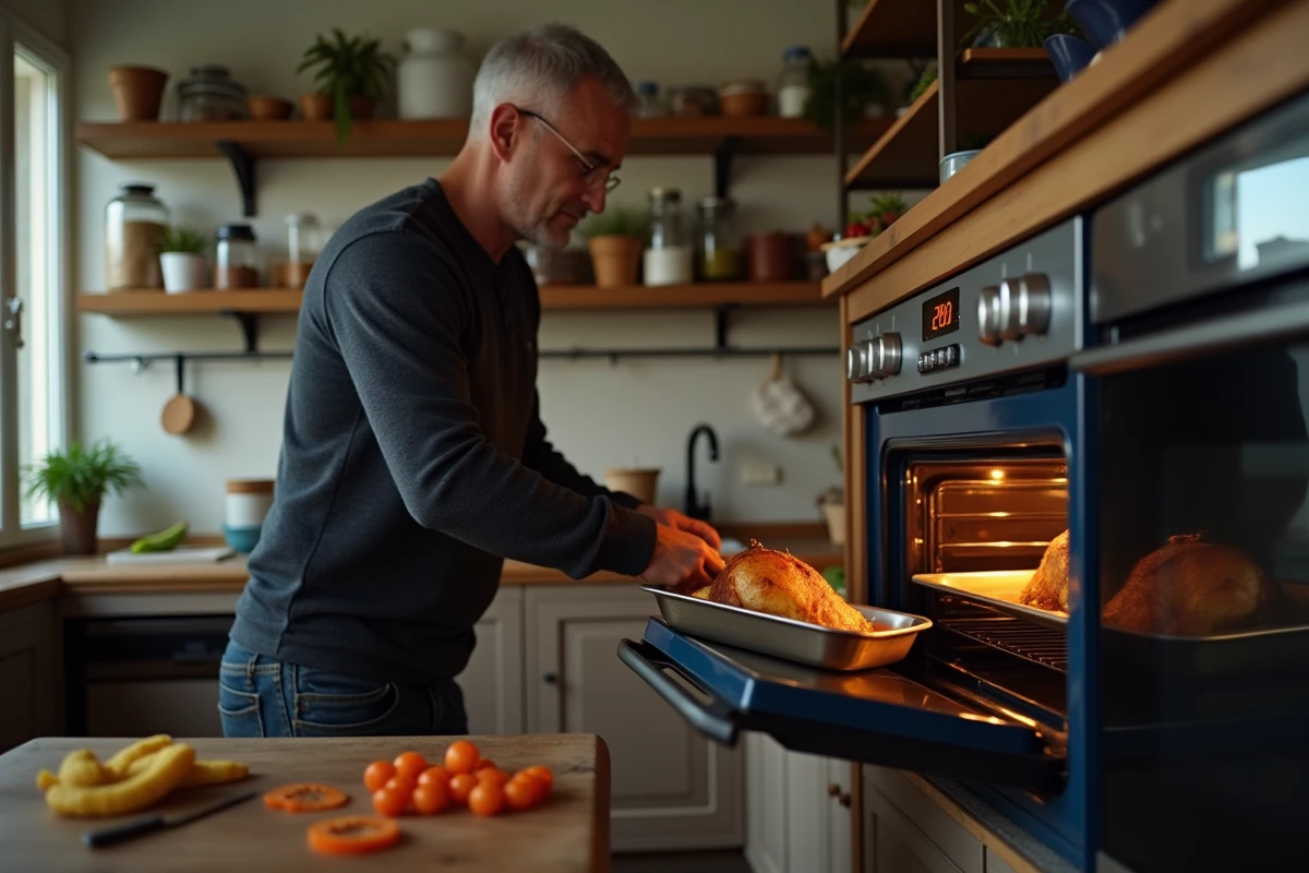 Homme enfournant un plat dans un four réglé à 200 degrés dans une cuisine familiale authentique et bien équipée