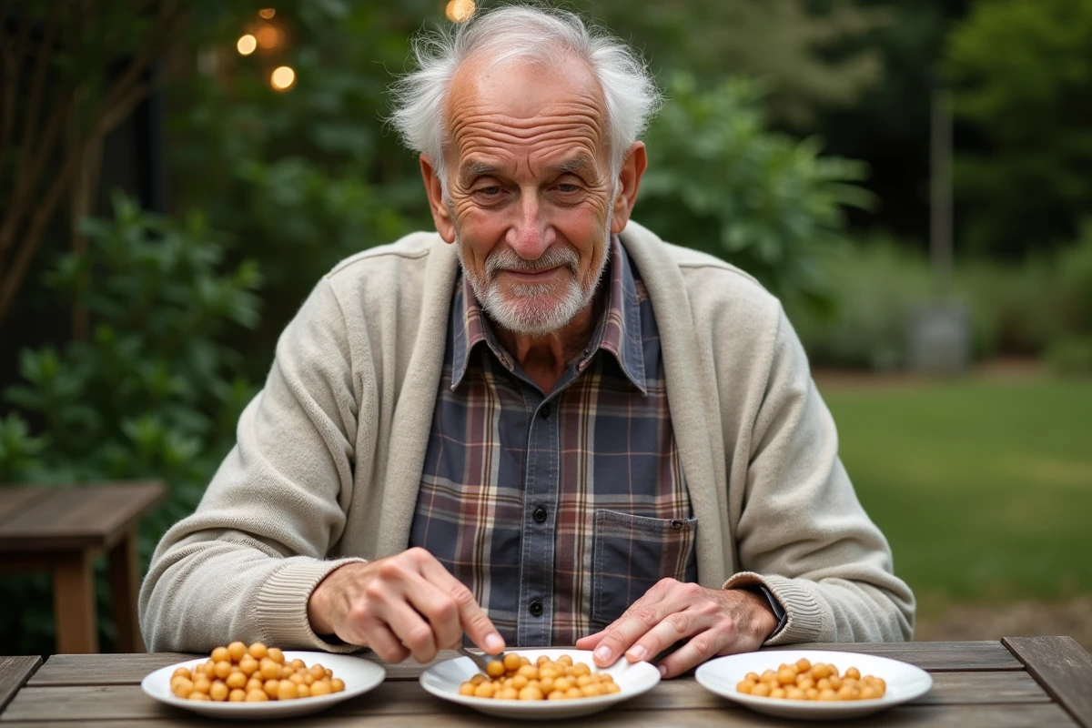 Homme &acirc;g&eacute; d&eacute;gustant des pois chiches sur une table ext&eacute;rieure