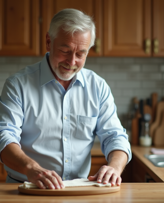 Homme appliquant de l'huile d'olive sur une planche en bois dans la cuisine