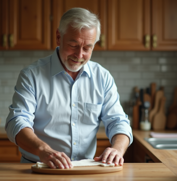 Homme appliquant de l'huile d'olive sur une planche en bois dans la cuisine