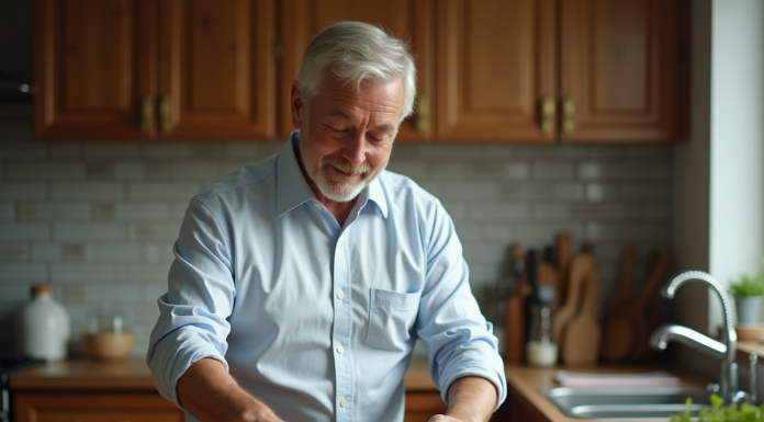 Homme appliquant de l'huile d'olive sur une planche en bois dans la cuisine