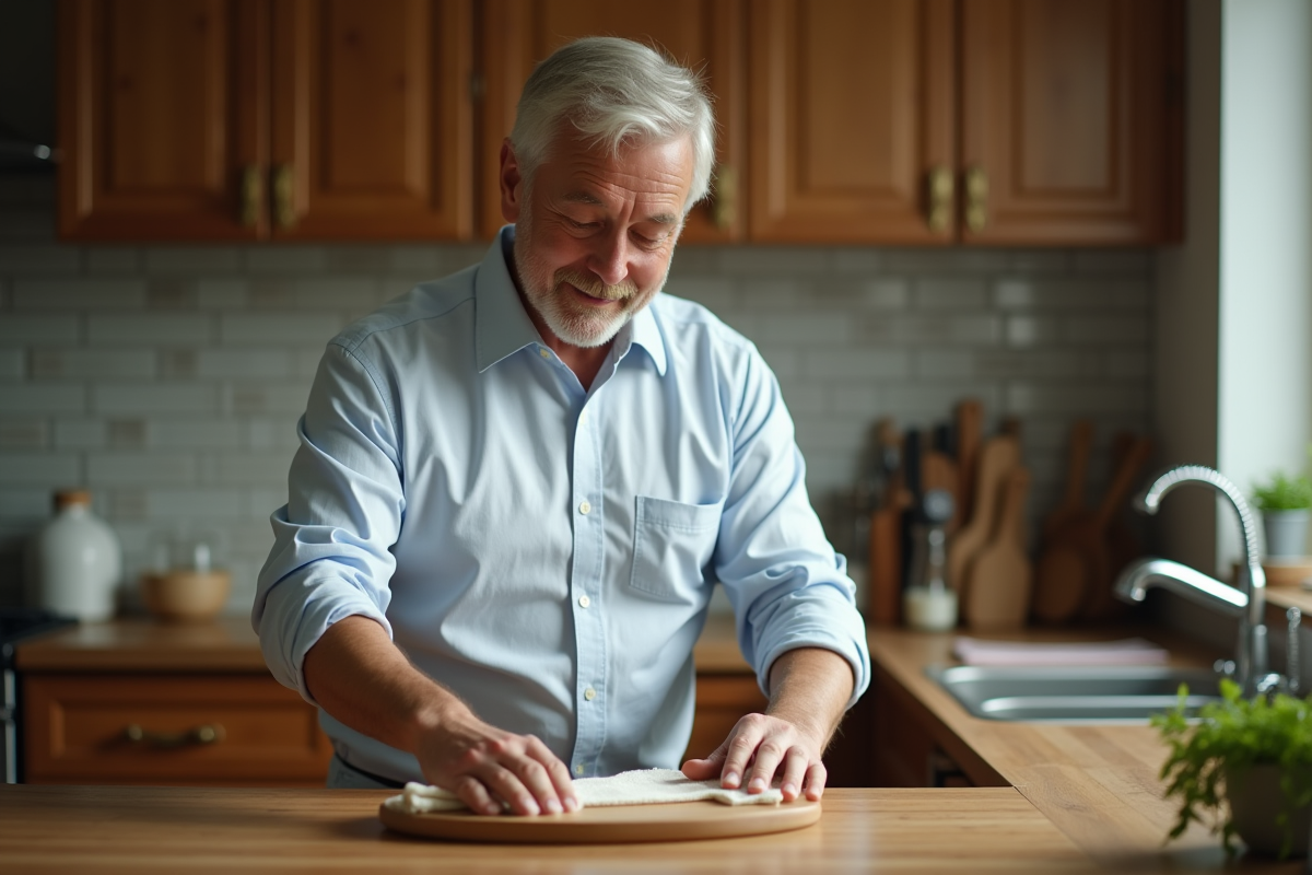 Homme appliquant de l'huile d'olive sur une planche en bois dans la cuisine