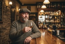 Homme irlandais avec whisky dans un pub traditionnel