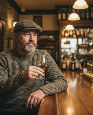 Homme irlandais avec whisky dans un pub traditionnel