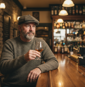 Du pub aux caves de connaisseurs : l’ascension du whisky irlandais Homme irlandais avec whisky dans un pub traditionnel