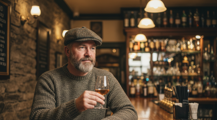 Homme irlandais avec whisky dans un pub traditionnel