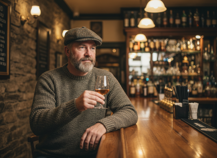 Homme irlandais avec whisky dans un pub traditionnel