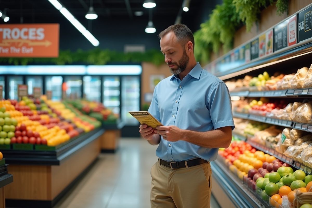 Homme comparant étiquettes nutritionnelles en magasin