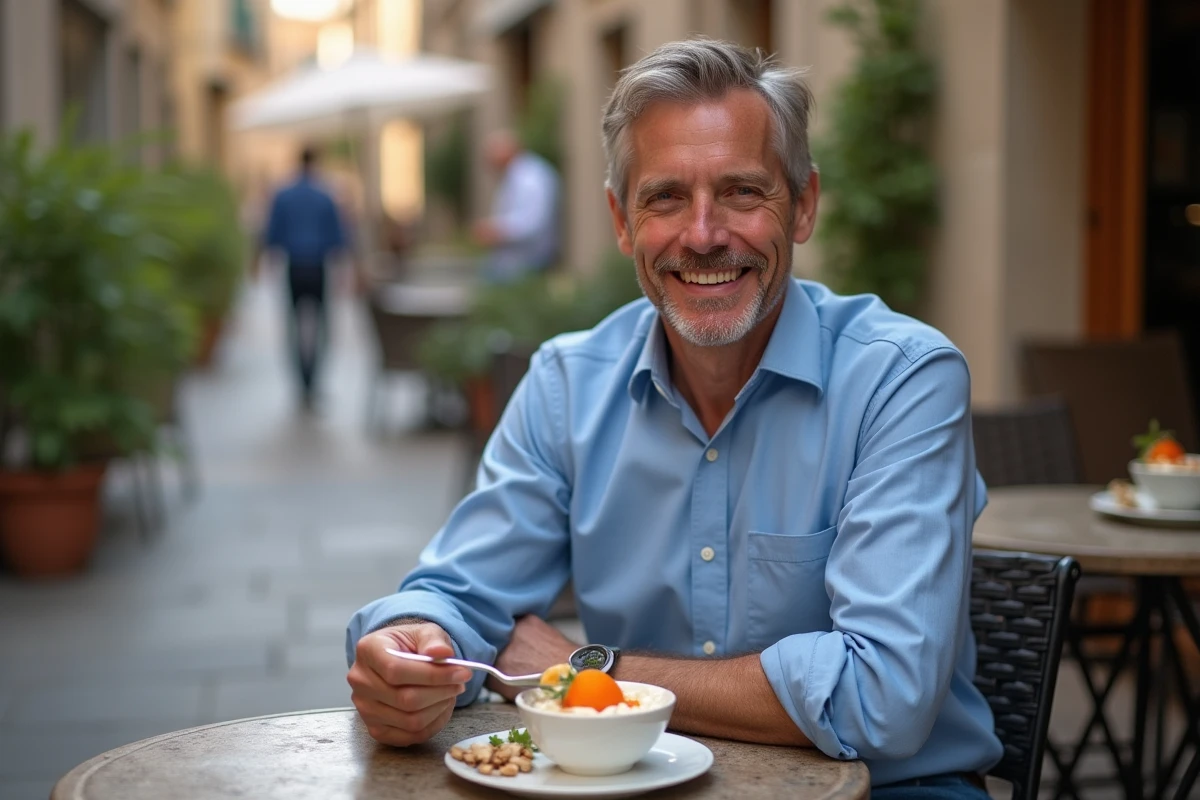 Homme d&eacute;gustant un persimmon dans un caf&eacute; en plein air