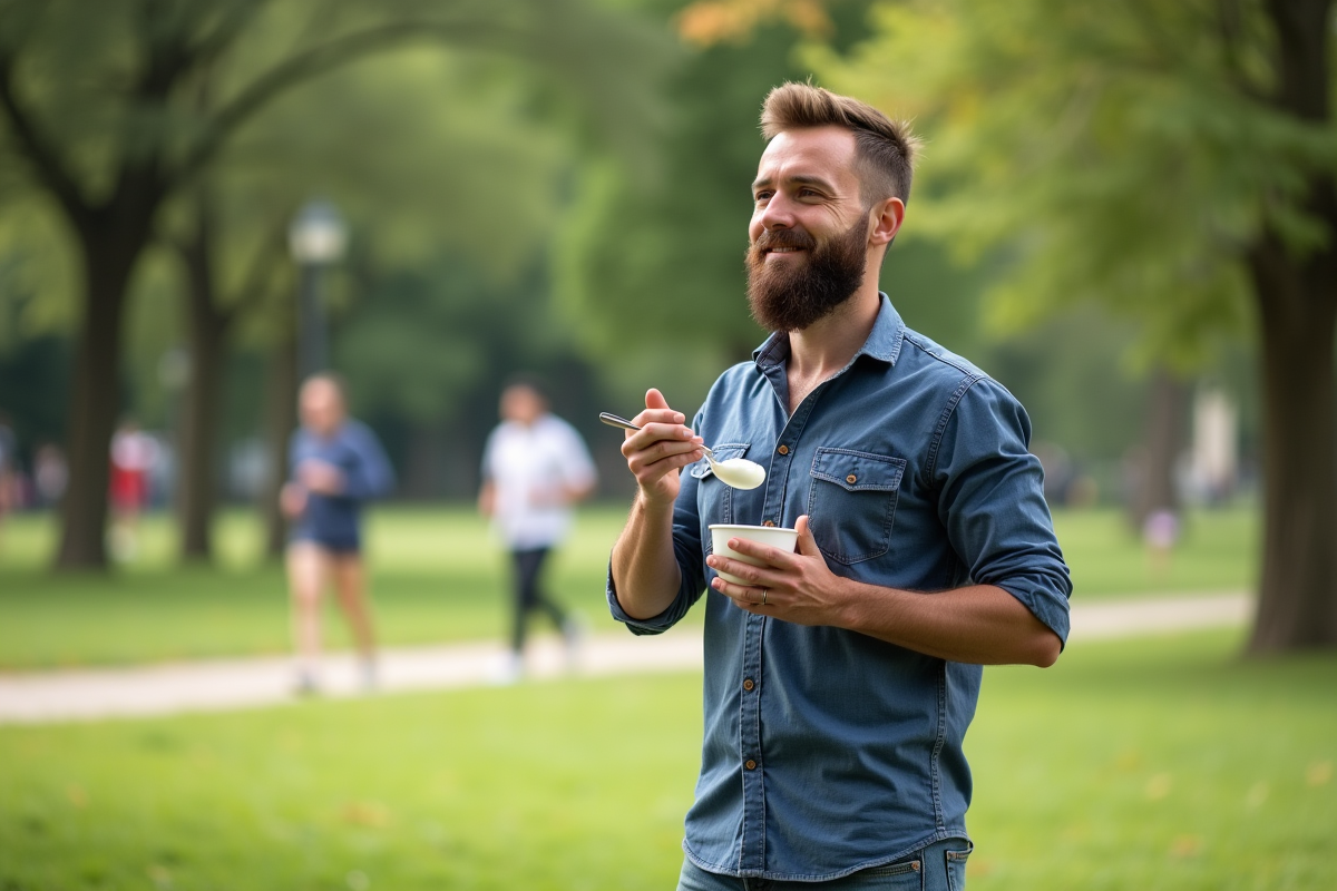 Homme avec barbe mangeant un yogourt dans un parc verdoyant